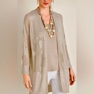 Chico’s Lurex Shimmer Cardigan Gold Semi Sheer.  In GUC bikini cover up?